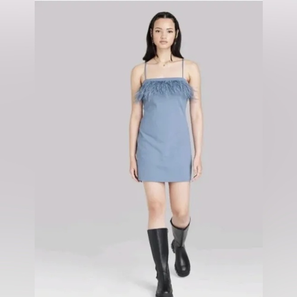 Wild fable Women's Dress Bodycon Sleeveless Feather Trim slate Blue SZ L